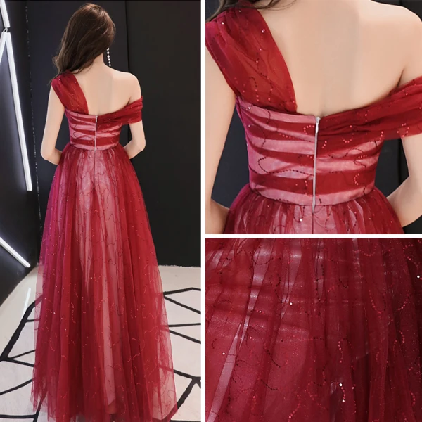 Bling Bling Bordeaux Robe De Soirée 2019 Princesse De l'épaule Manches Courtes Glitter Tulle Longue Volants Dos Nu Robe De Ceremonie
