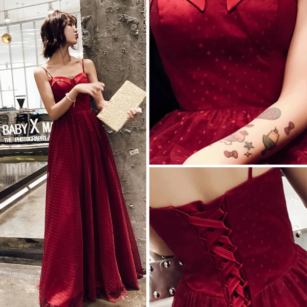 Modern / Fashion Burgundy Evening Dresses 2019 Sheath / Fit Shoulders Sleeveless Spotted Tulle Floor-Length / Long Ruffle Backless Formal Dresses