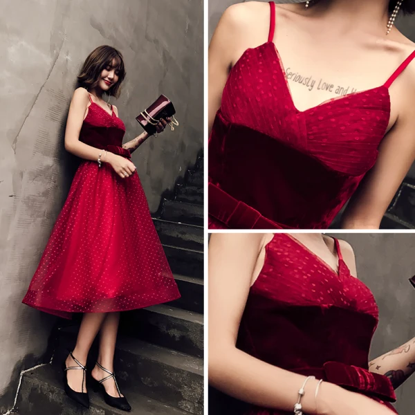 Sexy Burgundy Party Dresses 2019 A-Line / Princess Spaghetti Straps Sleeveless Bow Sash Spotted Tulle Tea-length Ruffle Backless Formal Dresses