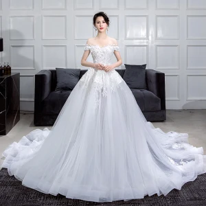 Romantic White Summer Wedding Dresses 2019 Ball Gown Off The Shoulder Short Sleeve Backless Appliques Lace Flower Pearl Rhinestone Chapel Train Ruffle