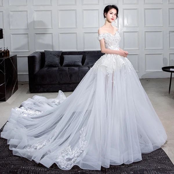 Romantic White Summer Wedding Dresses 2019 Ball Gown Off-The-Shoulder Short Sleeve Backless Appliques Lace Flower Pearl Rhinestone Chapel Train Ruffle