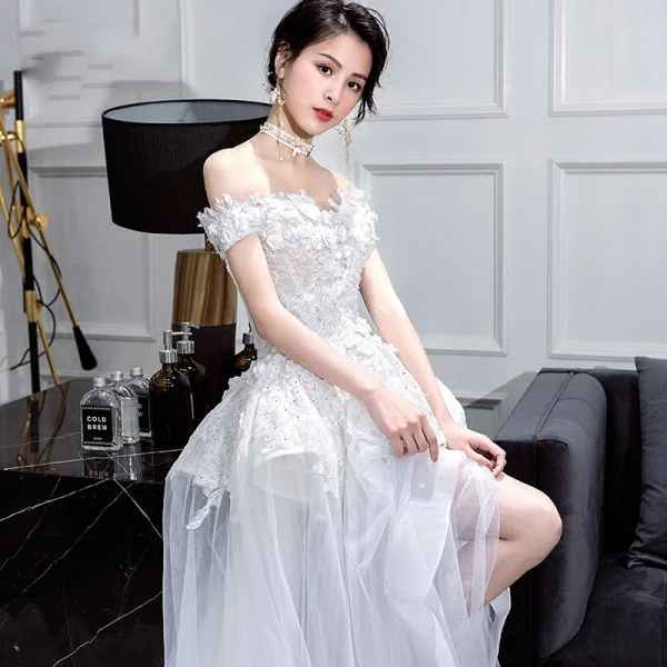Romantic White Summer Wedding Dresses 2019 Ball Gown Off-The-Shoulder Short Sleeve Backless Appliques Lace Flower Pearl Rhinestone Chapel Train Ruffle