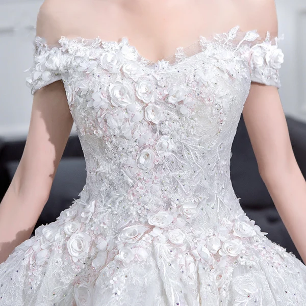 Romantic White Summer Wedding Dresses 2019 Ball Gown Off-The-Shoulder Short Sleeve Backless Appliques Lace Flower Pearl Rhinestone Chapel Train Ruffle