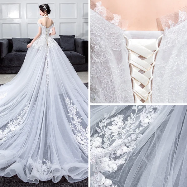 Romantic White Summer Wedding Dresses 2019 Ball Gown Off-The-Shoulder Short Sleeve Backless Appliques Lace Flower Pearl Rhinestone Chapel Train Ruffle