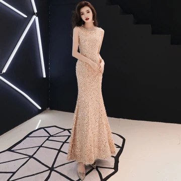 Bling Bling Champagne Evening Dresses 2019 Trumpet Mermaid Scoop Neck Sleeveless Glitter Sequins Floor Length Long Ruffle Formal Dresses
