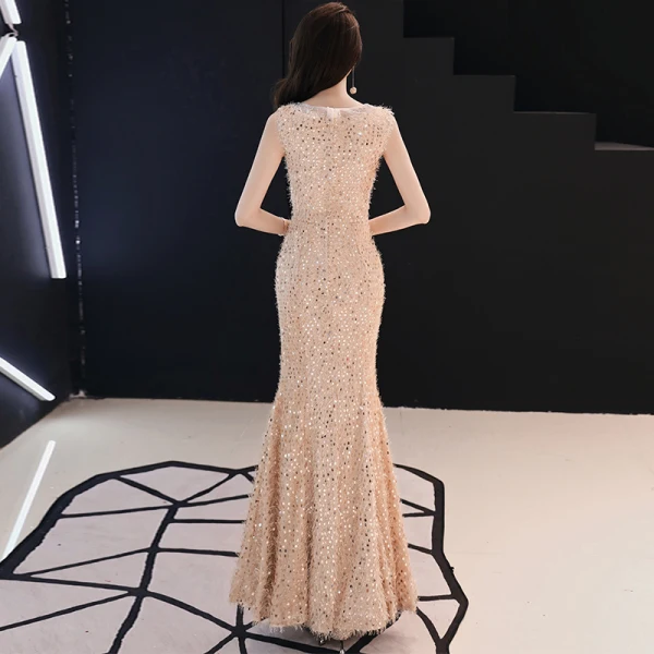 Bling Bling Champagne Evening Dresses  2019 Trumpet / Mermaid Scoop Neck Sleeveless Glitter Sequins Floor-Length / Long Ruffle Formal Dresses