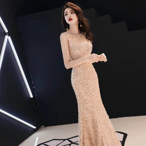 Bling Bling Champagne Evening Dresses  2019 Trumpet / Mermaid Scoop Neck Sleeveless Glitter Sequins Floor-Length / Long Ruffle Formal Dresses