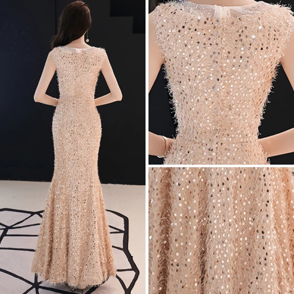 Bling Bling Champagne Evening Dresses  2019 Trumpet / Mermaid Scoop Neck Sleeveless Glitter Sequins Floor-Length / Long Ruffle Formal Dresses