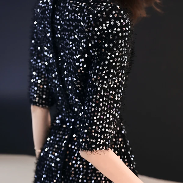 Bling Bling Noire Robe De Soirée 2019 Trompette / Sirène Encolure Dégagée 1/2 Manches Glitter Paillettes Fendue devant Longue Volants Robe De Ceremonie