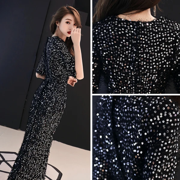 Bling Bling Noire Robe De Soirée 2019 Trompette / Sirène Encolure Dégagée 1/2 Manches Glitter Paillettes Fendue devant Longue Volants Robe De Ceremonie