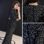 Bling Bling Noire Robe De Soirée 2019 Trompette / Sirène Encolure Dégagée 1/2 Manches Glitter Paillettes Fendue devant Longue Volants Robe De Ceremonie