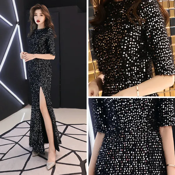 Bling Bling Noire Robe De Soiree 2019 Trompette Sirene Encolure Degagee 1 2 Manches Glitter Paillettes Fendue devant Longue Volants Robe De Ceremonie