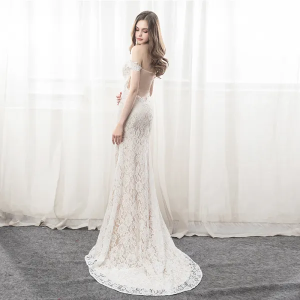 Sexy Beige Lace See-through Evening Dresses  2019 Trumpet / Mermaid Off-The-Shoulder Short Sleeve Split Front Court Train Ruffle Backless Formal Dresses