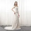 Sexy Beige Lace See-through Evening Dresses  2019 Trumpet / Mermaid Off-The-Shoulder Short Sleeve Split Front Court Train Ruffle Backless Formal Dresses
