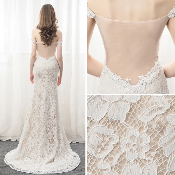 Sexy Beige Spitze Durchsichtige Abendkleider 2019 Meerjungfrau Off Shoulder Kurze Ärmel Gespaltete Front Hof-Schleppe Rüschen Rückenfreies Festliche Kleider