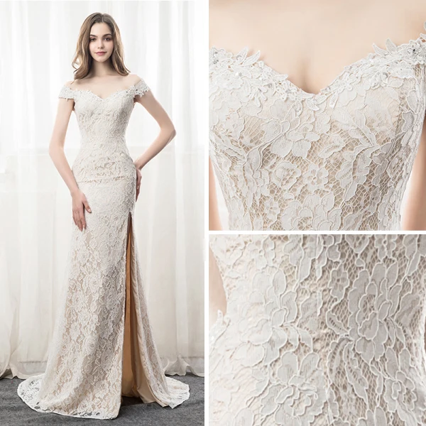 Sexy Beige Spitze Durchsichtige Abendkleider 2019 Meerjungfrau Off Shoulder Kurze Ärmel Gespaltete Front Hof-Schleppe Rüschen Rückenfreies Festliche Kleider