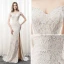 Sexy Beige Spitze Durchsichtige Abendkleider 2019 Meerjungfrau Off Shoulder Kurze Ärmel Gespaltete Front Hof-Schleppe Rüschen Rückenfreies Festliche Kleider