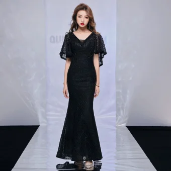Moderne Mode Noire Robe De Soirée Avec Châle 2019 Trompette Sirène V Cou Sans Manches Perlage Polyester Longue Volants Dos Nu Robe De Ceremonie
