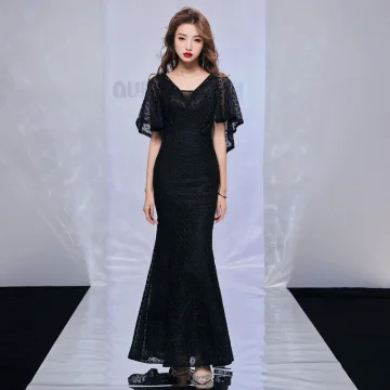 Moderne Mode Noire Robe De Soirée Avec Châle 2019 Trompette Sirène V Cou Sans Manches Perlage Polyester Longue Volants Dos Nu Robe De Ceremonie