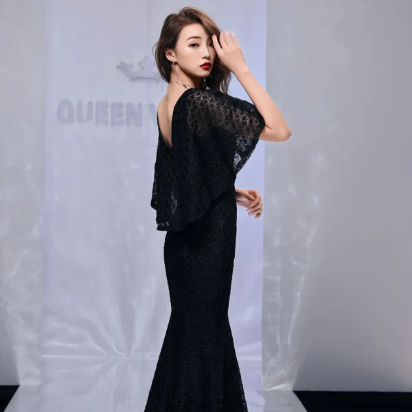 Modern / Fashion Black Evening Dresses  With Shawl 2019 Trumpet / Mermaid V-Neck Sleeveless Beading Polyester Floor-Length / Long Ruffle Backless Formal Dresses
