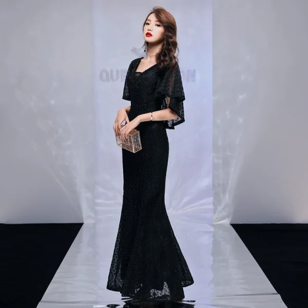 Modern / Fashion Black Evening Dresses  With Shawl 2019 Trumpet / Mermaid V-Neck Sleeveless Beading Polyester Floor-Length / Long Ruffle Backless Formal Dresses