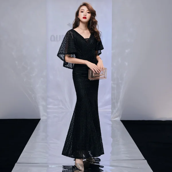 Modern / Fashion Black Evening Dresses  With Shawl 2019 Trumpet / Mermaid V-Neck Sleeveless Beading Polyester Floor-Length / Long Ruffle Backless Formal Dresses