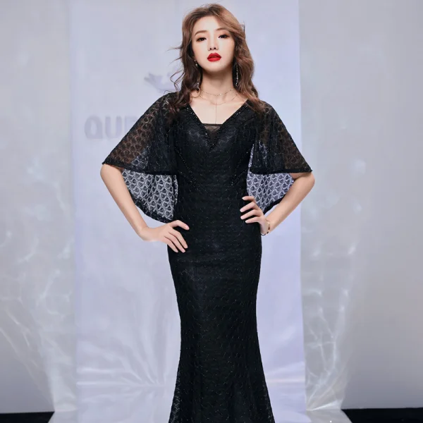 Modern / Fashion Black Evening Dresses  With Shawl 2019 Trumpet / Mermaid V-Neck Sleeveless Beading Polyester Floor-Length / Long Ruffle Backless Formal Dresses