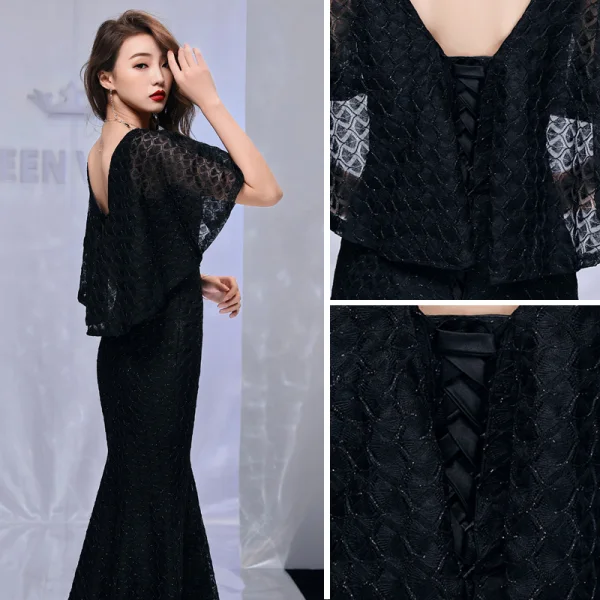 Modern / Fashion Black Evening Dresses  With Shawl 2019 Trumpet / Mermaid V-Neck Sleeveless Beading Polyester Floor-Length / Long Ruffle Backless Formal Dresses