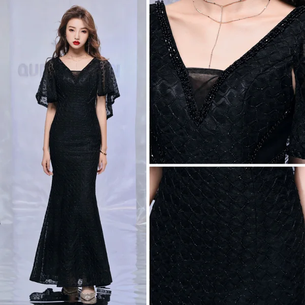 Modern / Fashion Black Evening Dresses  With Shawl 2019 Trumpet / Mermaid V-Neck Sleeveless Beading Polyester Floor-Length / Long Ruffle Backless Formal Dresses