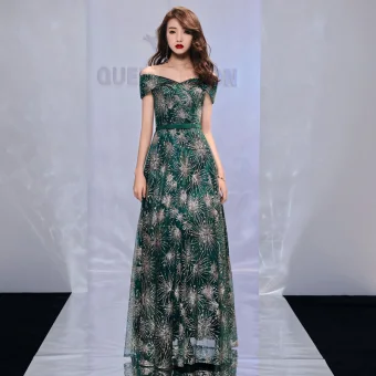 Bling Bling Vert Foncé Robe De Soirée 2019 Princesse De L Épaule Manches Courtes Noeud Ceinture Glitter Tulle Longue Volants Dos Nu Robe De Ceremonie