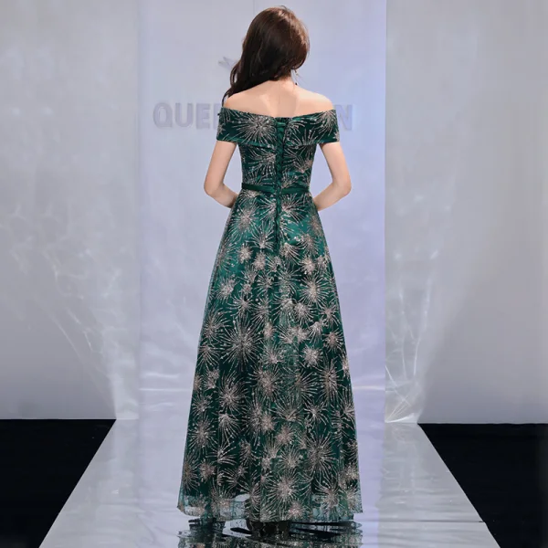 Bling Bling Dunkelgrün Abendkleider 2019 A Linie Off Shoulder Kurze Ärmel Schleife Stoffgürtel Glanz Tülle Lange Rüschen Rückenfreies Festliche Kleider