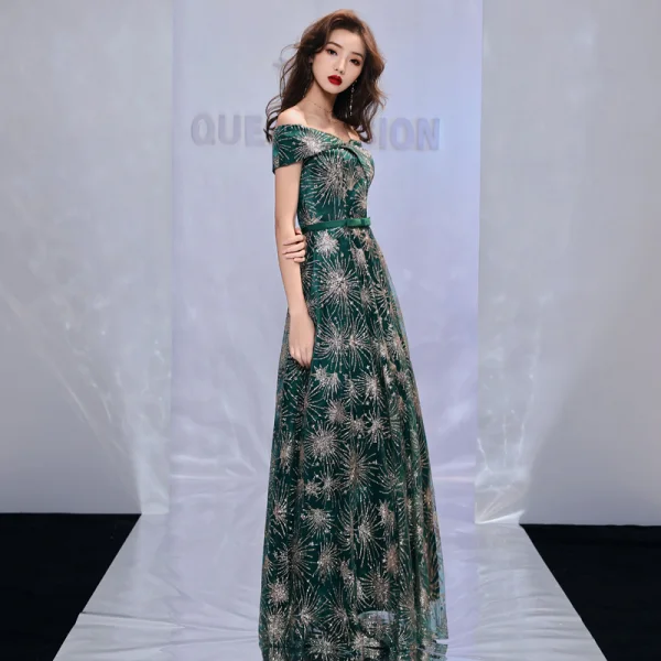 Bling Bling Dunkelgrün Abendkleider 2019 A Linie Off Shoulder Kurze Ärmel Schleife Stoffgürtel Glanz Tülle Lange Rüschen Rückenfreies Festliche Kleider