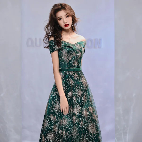 Bling Bling Dunkelgrün Abendkleider 2019 A Linie Off Shoulder Kurze Ärmel Schleife Stoffgürtel Glanz Tülle Lange Rüschen Rückenfreies Festliche Kleider