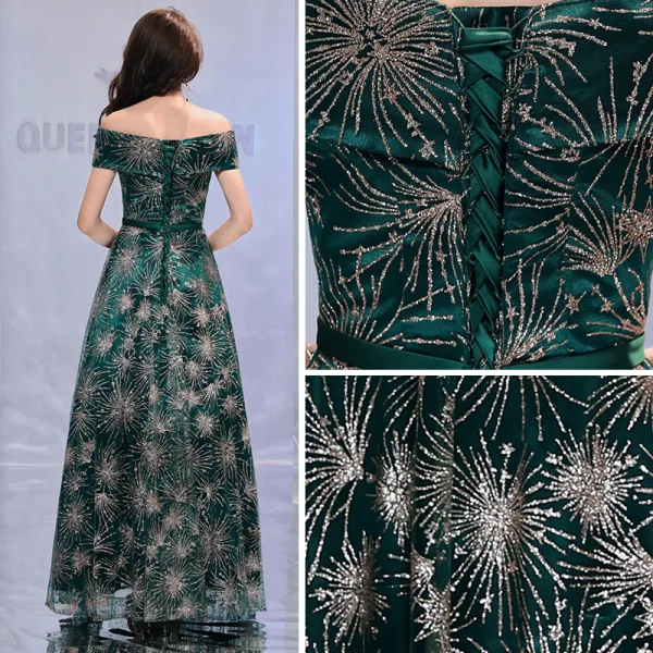 Bling Bling Dunkelgrün Abendkleider 2019 A Linie Off Shoulder Kurze Ärmel Schleife Stoffgürtel Glanz Tülle Lange Rüschen Rückenfreies Festliche Kleider