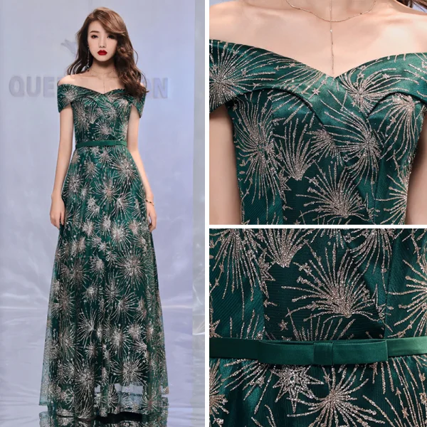 Bling Bling Dunkelgrün Abendkleider 2019 A Linie Off Shoulder Kurze Ärmel Schleife Stoffgürtel Glanz Tülle Lange Rüschen Rückenfreies Festliche Kleider