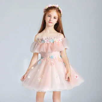 Chic Beautiful Pearl Pink Flower Girl Dresses 2017 Ball Gown Off The Shoulder Short Sleeve Appliques Flower Short Ruffle Wedding Party Dresses