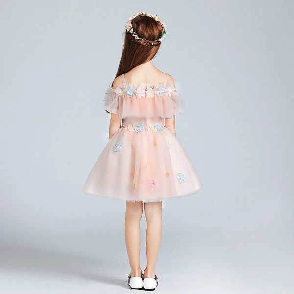 Chic / Beautiful Pearl Pink Flower Girl Dresses 2017 Ball Gown Off-The-Shoulder Short Sleeve Appliques Flower Short Ruffle Wedding Party Dresses