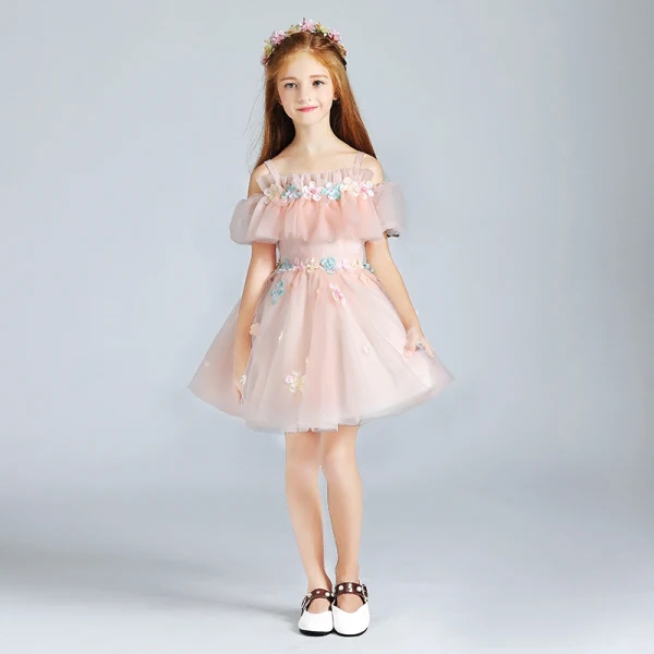Chic / Beautiful Pearl Pink Flower Girl Dresses 2017 Ball Gown Off-The-Shoulder Short Sleeve Appliques Flower Short Ruffle Wedding Party Dresses