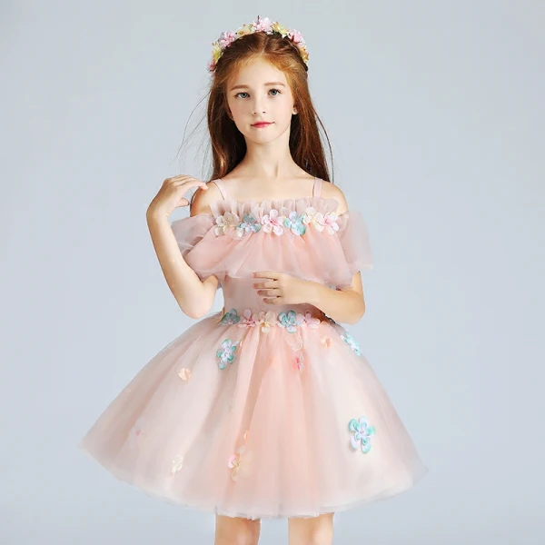 Chic / Beautiful Pearl Pink Flower Girl Dresses 2017 Ball Gown Off-The-Shoulder Short Sleeve Appliques Flower Short Ruffle Wedding Party Dresses