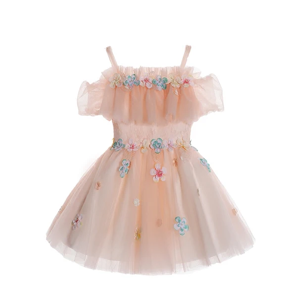 Chic / Beautiful Pearl Pink Flower Girl Dresses 2017 Ball Gown Off-The-Shoulder Short Sleeve Appliques Flower Short Ruffle Wedding Party Dresses