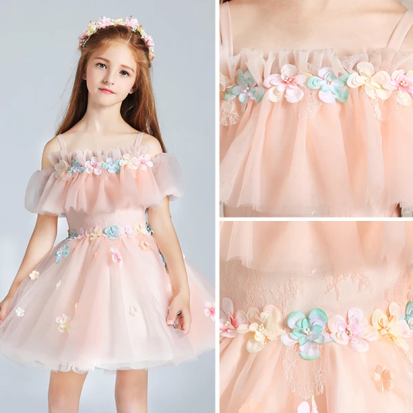 Chic / Beautiful Pearl Pink Flower Girl Dresses 2017 Ball Gown Off-The-Shoulder Short Sleeve Appliques Flower Short Ruffle Wedding Party Dresses