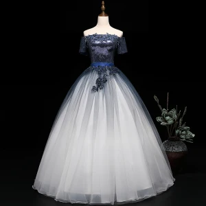 Moderne Mode Bleu Marine Dégradé De Couleur Blanche Robe De Bal 2019 Robe Boule De L Épaule Manches Courtes Appliques En Dentelle Perlage Ceinture Paillettes Longue Volants Dos Nu Robe De Ceremonie