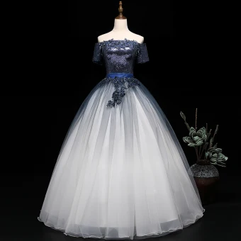 Moderne Mode Bleu Marine Dégradé De Couleur Blanche Robe De Bal 2019 Robe Boule De L Épaule Manches Courtes Appliques En Dentelle Perlage Ceinture Paillettes Longue Volants Dos Nu Robe De Ceremonie