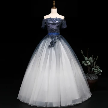 Moderne Mode Bleu Marine Dégradé De Couleur Blanche Robe De Bal 2019 Robe Boule De L Épaule Manches Courtes Appliques En Dentelle Perlage Ceinture Paillettes Longue Volants Dos Nu Robe De Ceremonie