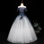 Modern / Fashion Navy Blue Gradient-Color White Prom Dresses 2019 Ball Gown Off-The-Shoulder Short Sleeve Appliques Lace Beading Sash Sequins Floor-Length / Long Ruffle Backless Formal Dresses
