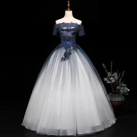 Modern / Fashion Navy Blue Gradient-Color White Prom Dresses 2019 Ball Gown Off-The-Shoulder Short Sleeve Appliques Lace Beading Sash Sequins Floor-Length / Long Ruffle Backless Formal Dresses