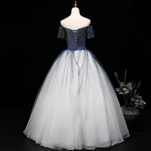 Modern / Fashion Navy Blue Gradient-Color White Prom Dresses 2019 Ball Gown Off-The-Shoulder Short Sleeve Appliques Lace Beading Sash Sequins Floor-Length / Long Ruffle Backless Formal Dresses