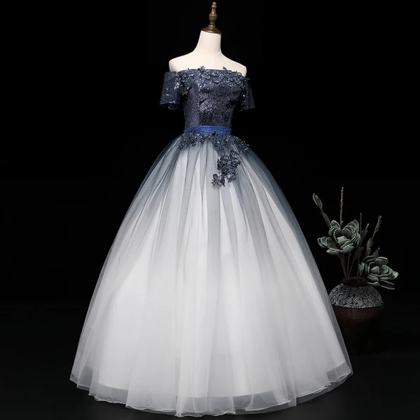 Modern / Fashion Navy Blue Gradient-Color White Prom Dresses 2019 Ball Gown Off-The-Shoulder Short Sleeve Appliques Lace Beading Sash Sequins Floor-Length / Long Ruffle Backless Formal Dresses