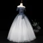 Modern / Fashion Navy Blue Gradient-Color White Prom Dresses 2019 Ball Gown Off-The-Shoulder Short Sleeve Appliques Lace Beading Sash Sequins Floor-Length / Long Ruffle Backless Formal Dresses