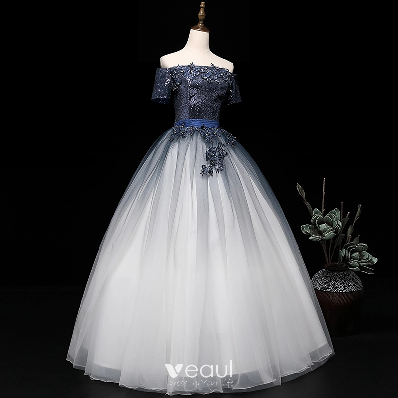 Modern Fashion Navy Blue Gradient Color White Prom Dresses 2019 Ball Gown Off The Shoulder Short Sleeve Appliques Lace Beading Sash Sequins Floor Length Long Ruffle Backless Formal Dresses